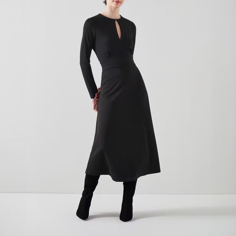Long Sleeve Black Keyhole Midi Dress